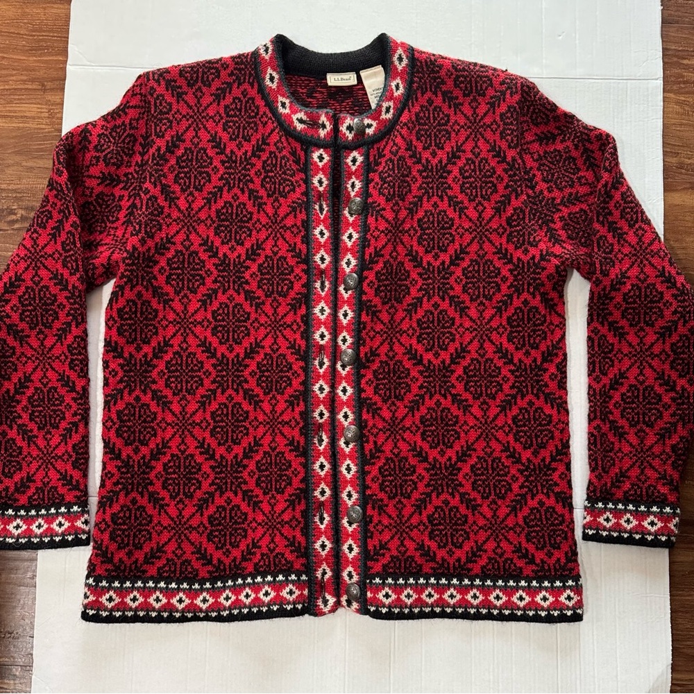 Vintage LL Bean 100% Merino Wool Nordic Cardigan Sweater Women's M